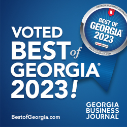 Square graphic with the text "Voted Best of Georgia 2023!" alongside a badge that reads "Best of Georgia 2023" from the Georgia Business Journal.